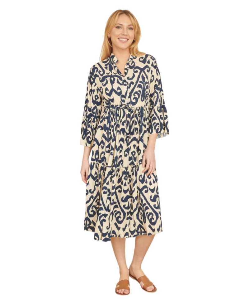 Women's 3/4 Sleeve Block Print Kaftan Dress