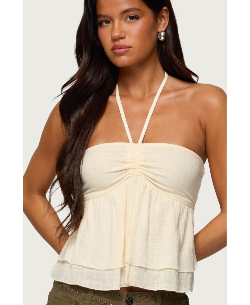 Womens Layered Linen Look Babydoll Halter Top