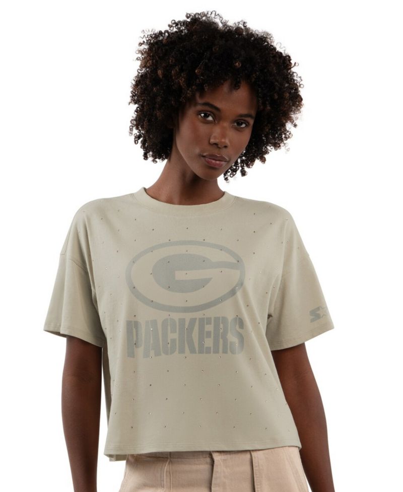 Women's Khaki Green Bay Packers Rhinestone Sprinkle Boxy Cropped T-Shirt