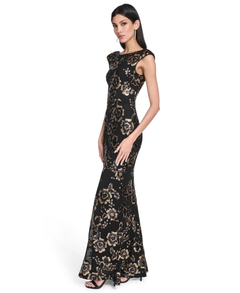 Women's Floral-Print Sequined Boat Neck Gown
