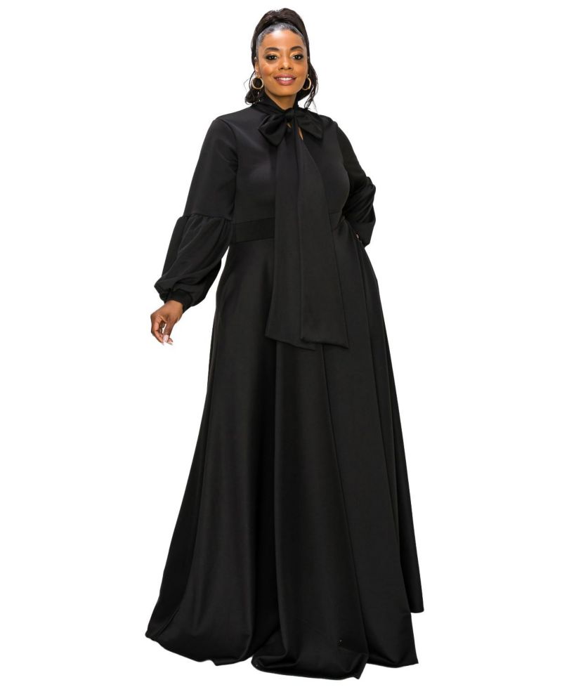 Plus Size Bella Donna Dress with Ribbon and Bishop Sleeves