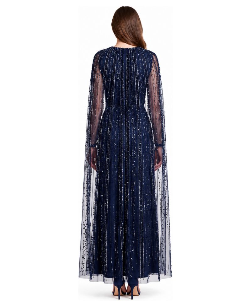 Women's V-Neck Beaded Long Cape Gown