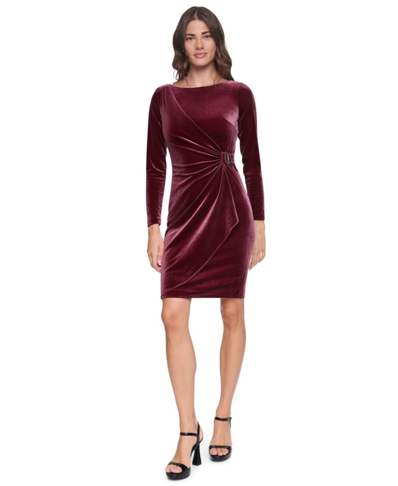 Plus Long-Sleeve Ruched Velvet Dress
