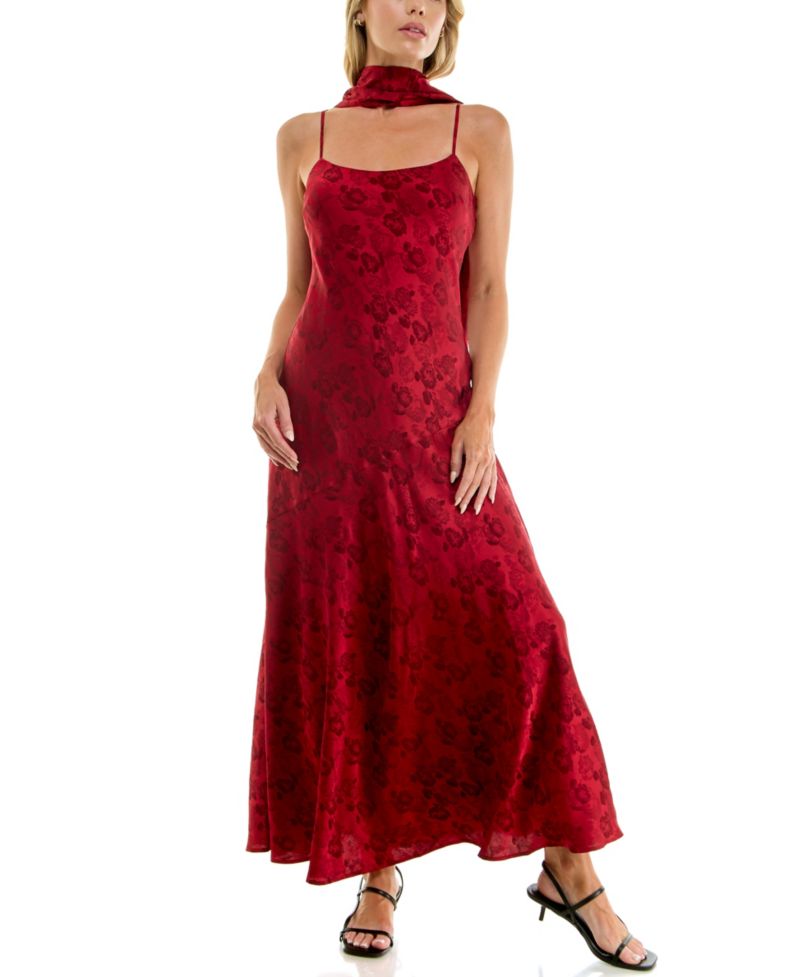 Juniors' Sleeveless Floral Slim Jacquard-Satin Maxi Dress with Matching Scarf