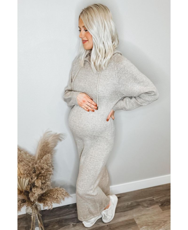 Maternity Beige Hooded Sweater Midi Dress