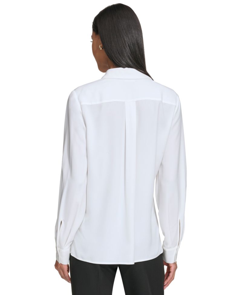 Karl Lagerfeld Petite Collared Pleat-Front Long-Sleeve Top
