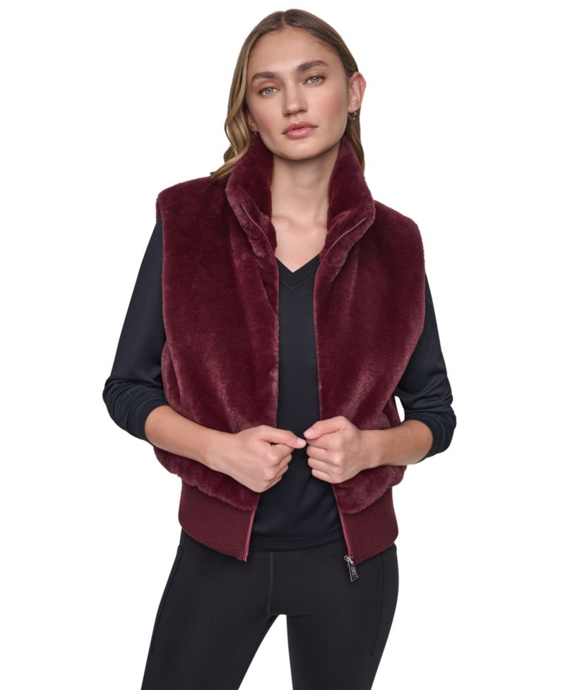Women's Mock-Neck Ribbed-Knit Hem Faux Fur Vest