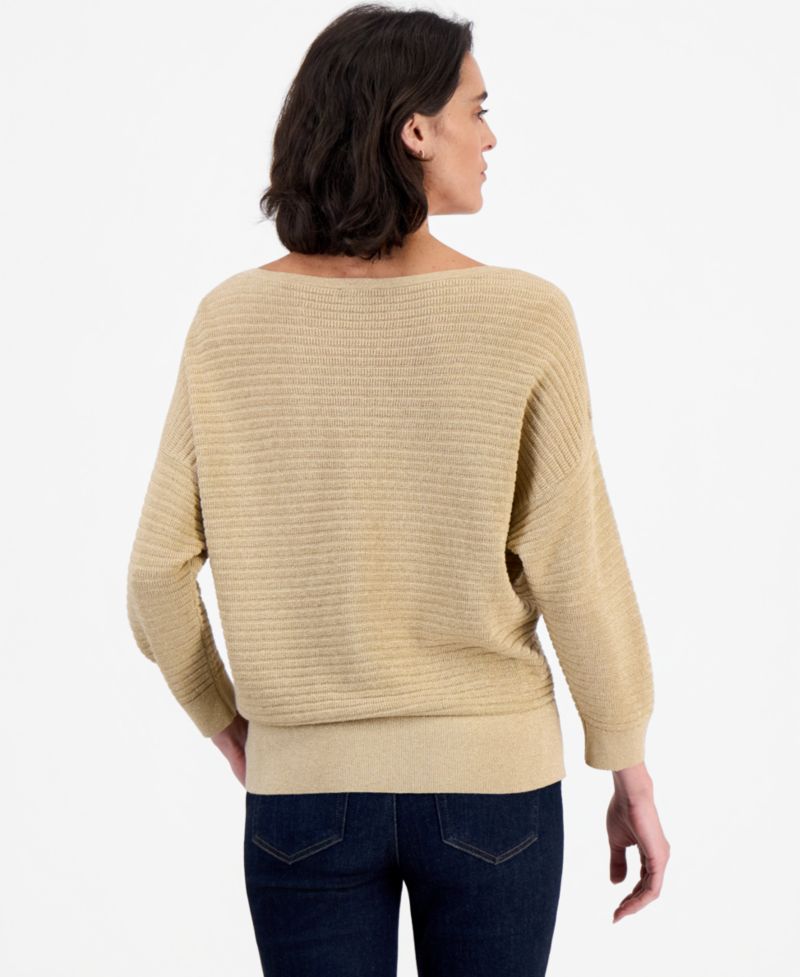 Women's Lurex-Knit 3/4-Length-Sleeve Boatneck Sweater