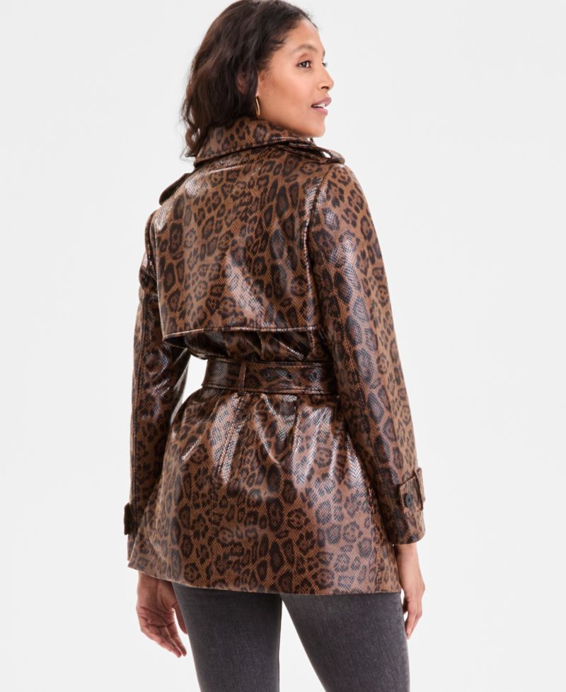 Petite Double-Breasted Faux-Leather Belted Trench Coat