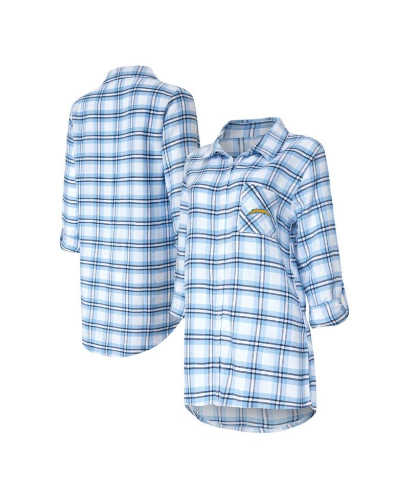 Women's Powder Blue Los Angeles Chargers Sienna Plaid Full-Button Long Sleeve Nightshirt