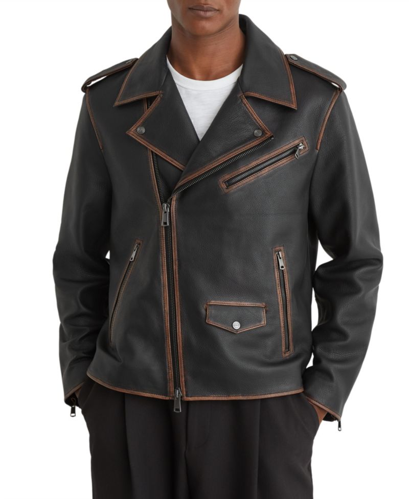 Men's Winnen Leather Burnished-Detail Biker Jacket