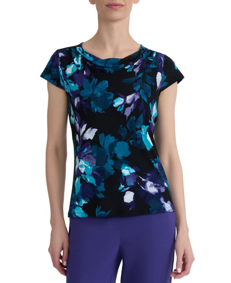 Women's Printed Cowl-Neck Cap-Sleeve Blouse