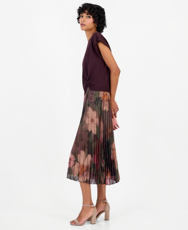 Petite Knit-Bodice Pleated-Skirt Dress