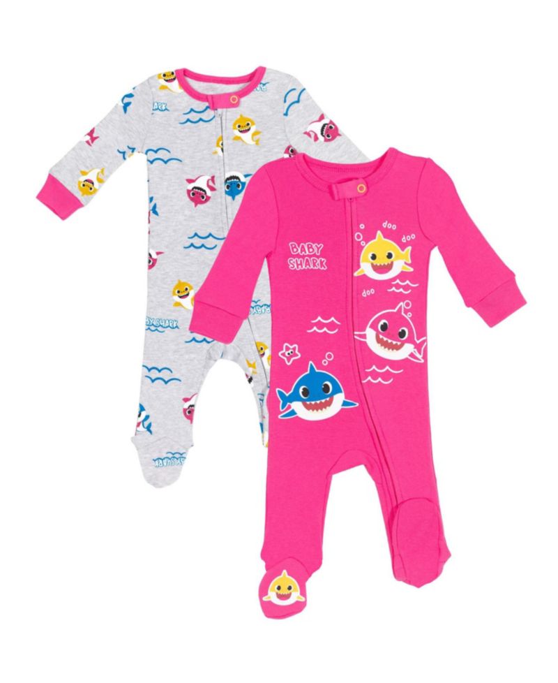 Baby Girls Pinkfong Shark 2 Pack Zip Up Sleep N' Play Coveralls