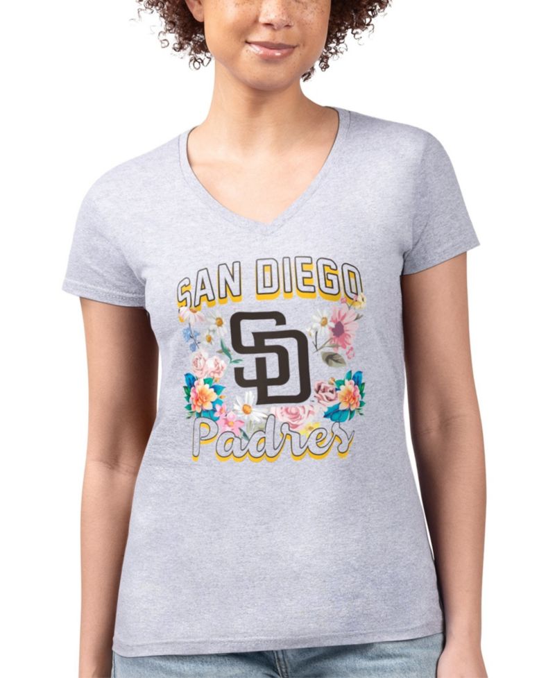 Women's Heather Gray San Diego Padres Super-Slim Fit Lightweight Flowers Graphic V-Neck T-Shirt