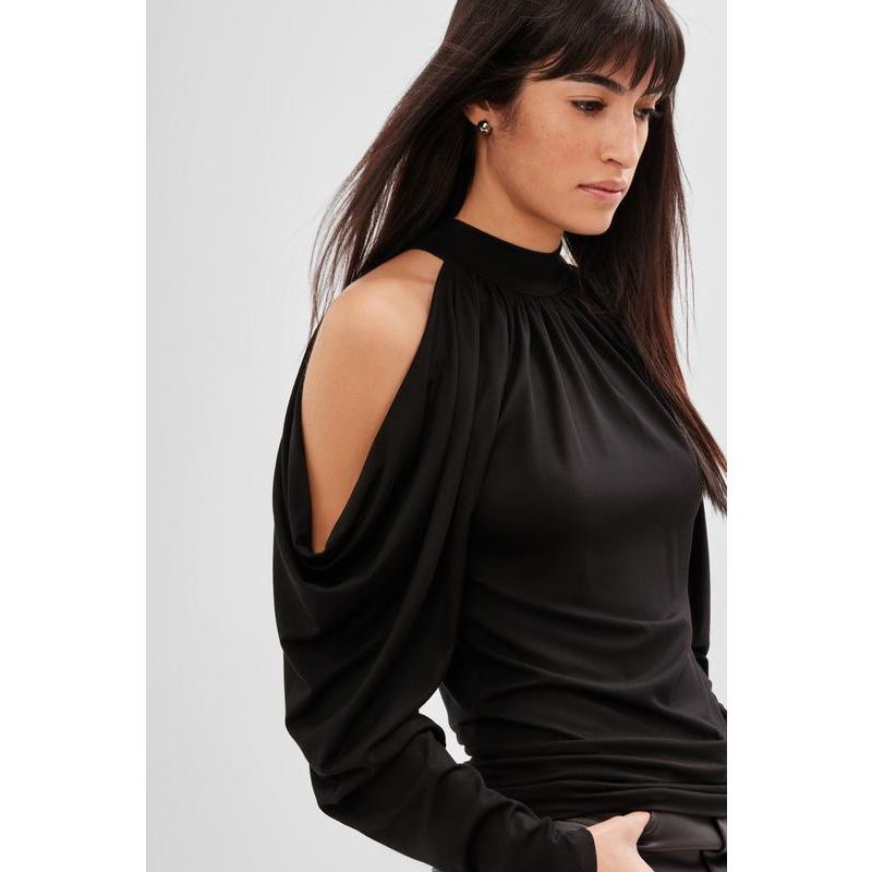 Women's Perry Halter-Neck Cold-Shoulder Draped Long-Sleeve Jersey Top