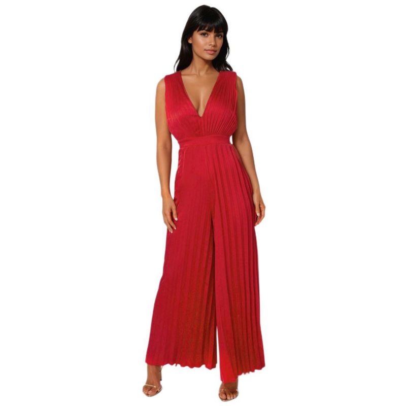Women's Bare Deep Vee Pleated Satin Jumpsuit
