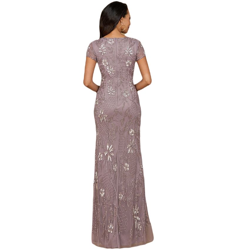 Women's V-Neck, Short Sleeve Beaded Gown