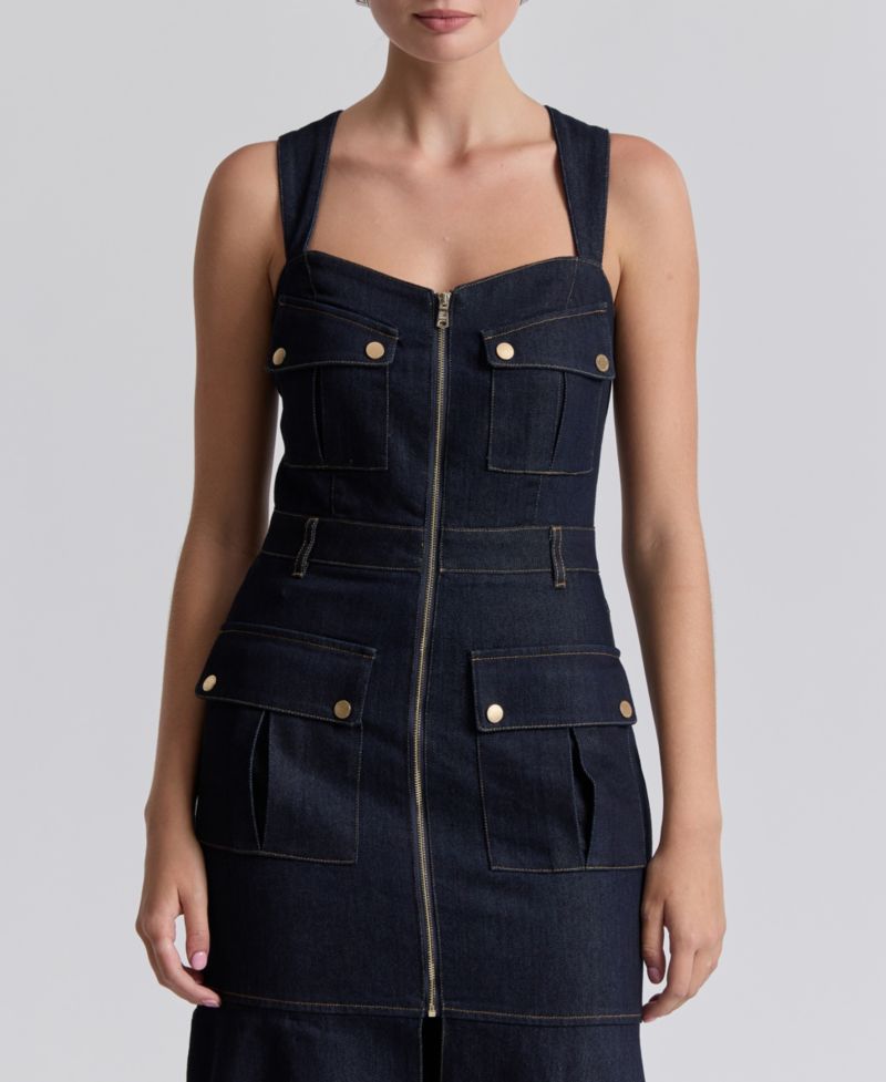 Women's Stretch Denim Cargo Zip-Front Midi Dress