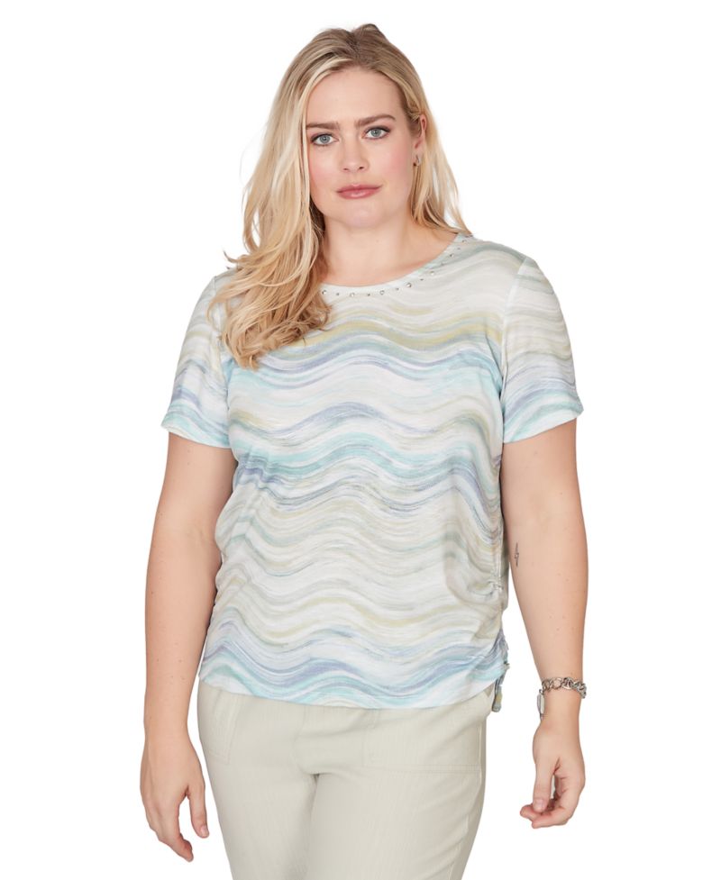 Petite Wavy Biadere Side-Tie Crew Neck Ruched Top
