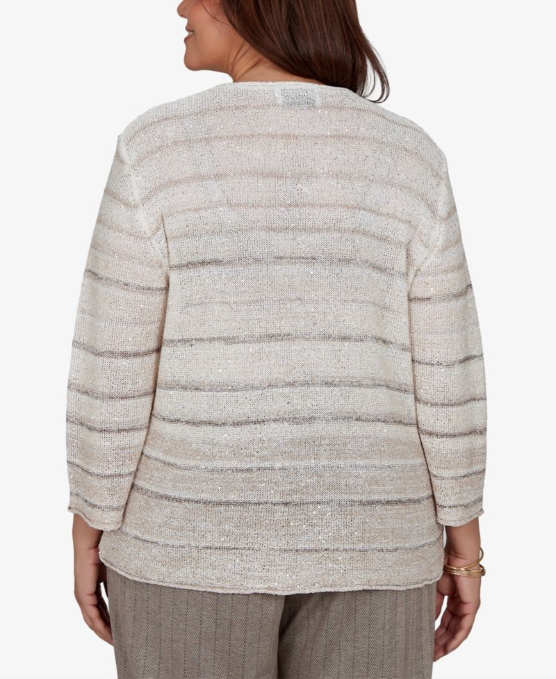 Plus Size Crew Neck 3/4-Sleeve Striped Sweater
