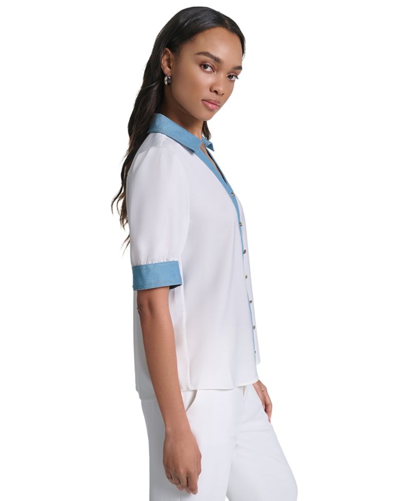 Petite Denim Collar Button-Front Blouse
