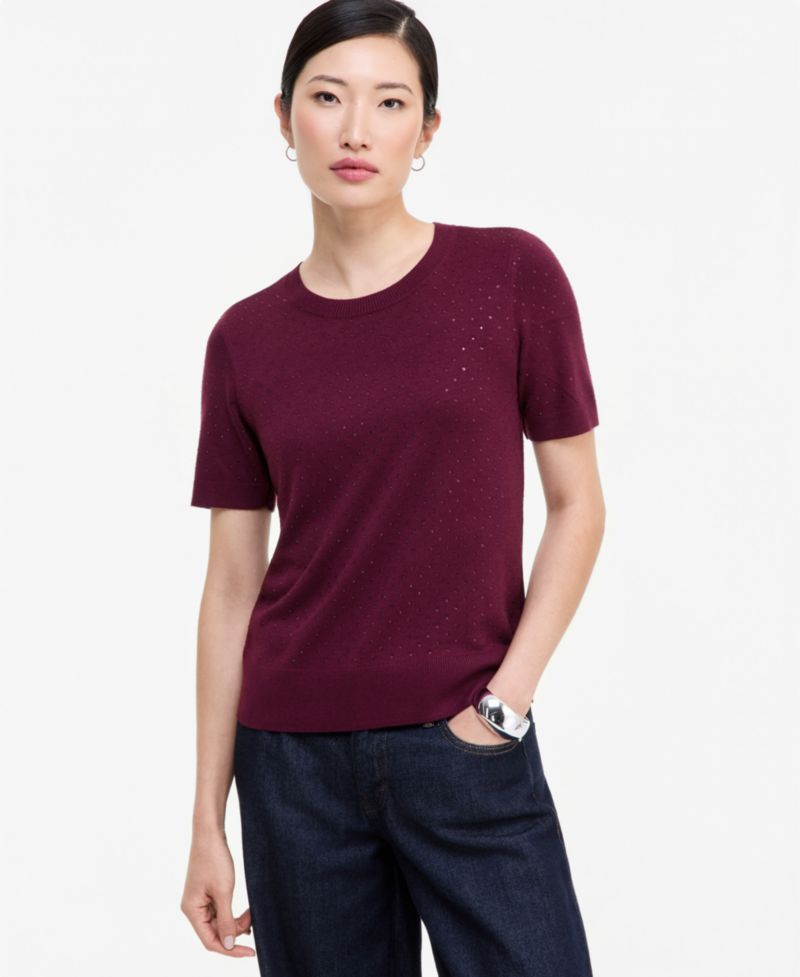 Women's Crystal Embellished Short-Sleeve Crewneck Sweater