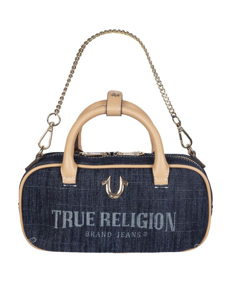 Bentley Denim and PU Mini Satchel - Women s Top Handle Crossbody Handbag with Chain Detail