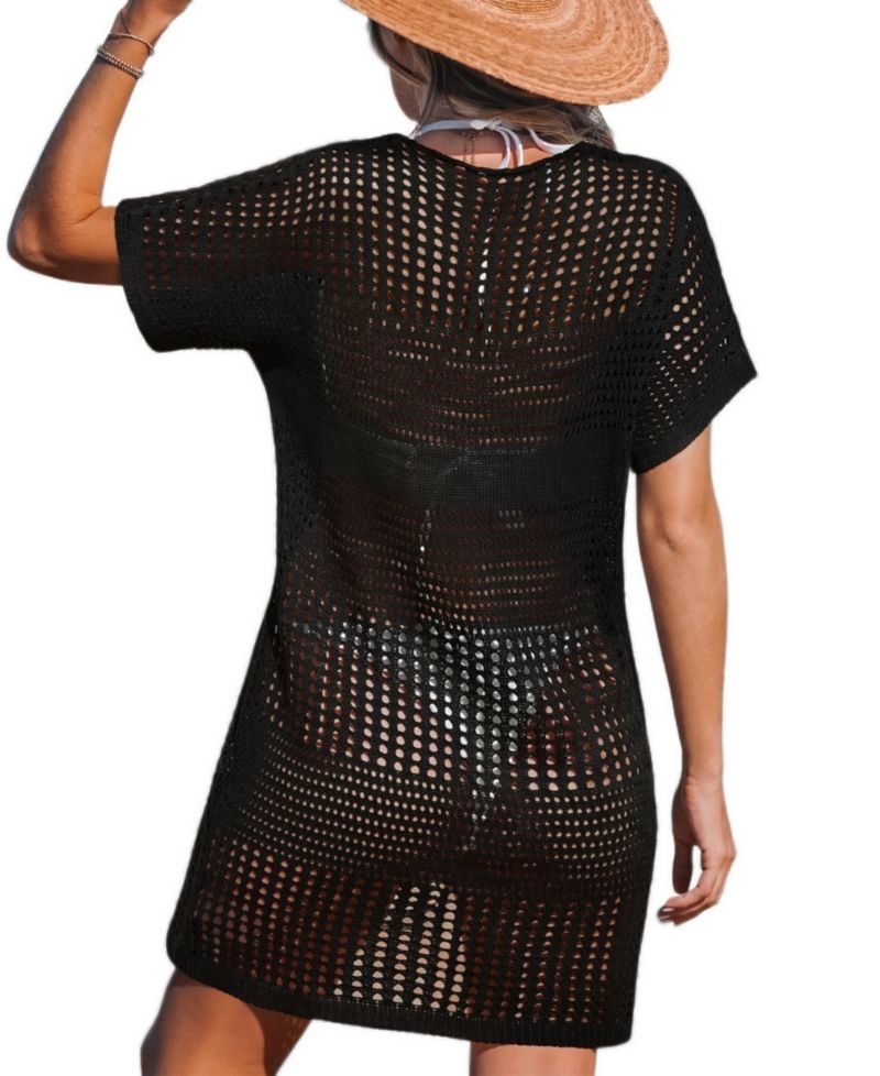 Women's Beige Crochet Short Sleeve Cover-Up Dress