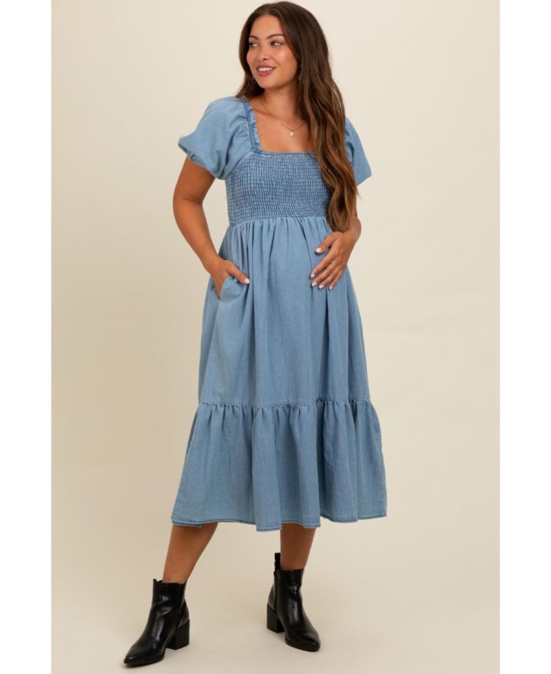 Women's Light Blue Vintage Wash Chambray Smocked Midi Dress