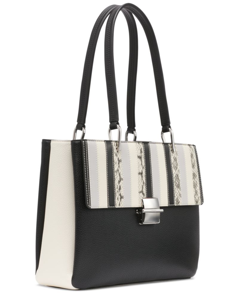 Clove Mixed Material Push-Lock Triple Compartment Tote Bag
