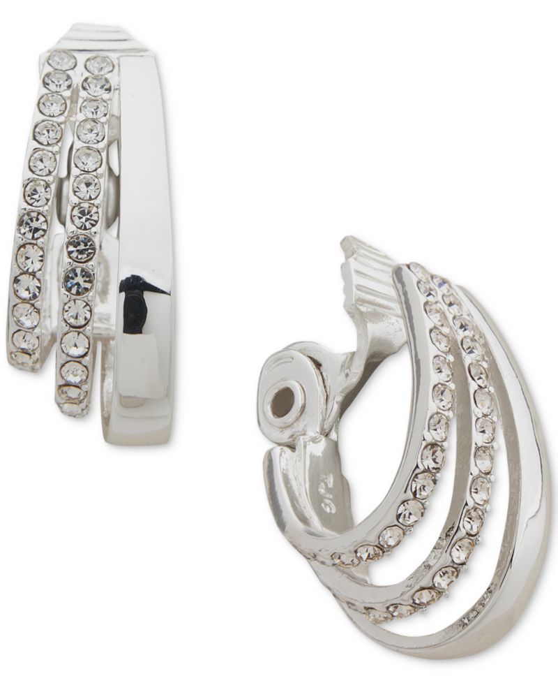 Silver-Tone Small Pav&eacute; Triple-Row Clip-On Hoop Earrings