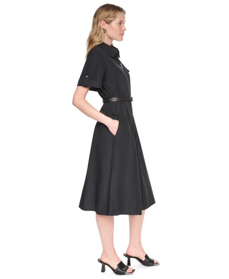 Women's Collared Short-Sleeve Removable Belt Midi Dress