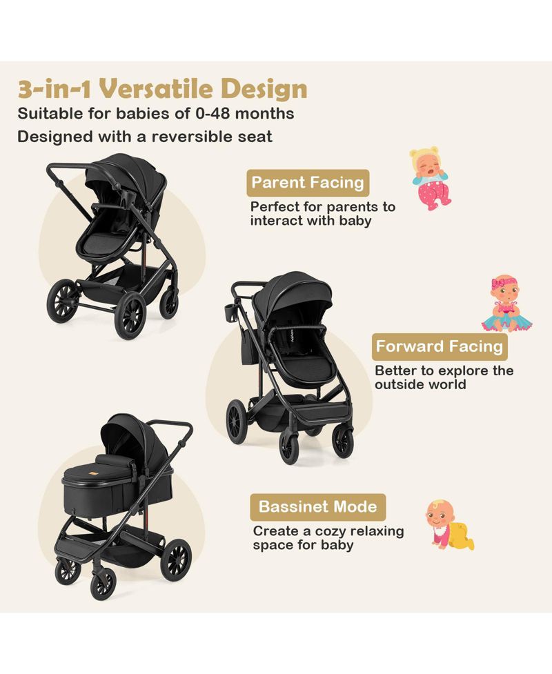 3-in-1 Baby Stroller with Detachable Bassinet and Convertible Seat for Newborns