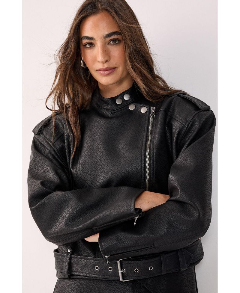 Women's Belted Faux Leather Biker Jacket