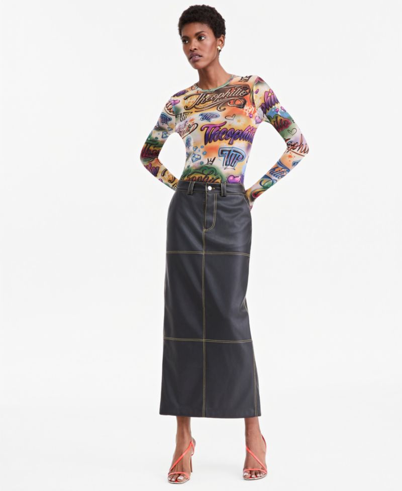 Women's Graffiti Print Sheer-Mesh Long-Sleeve Top