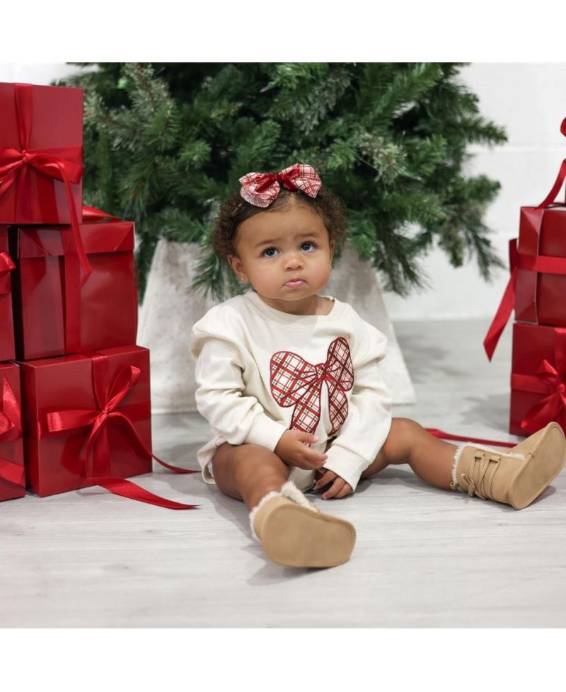 Baby Girls Christmas Plaid Bow Patch Long Sleeve Romper