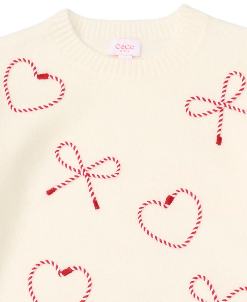 Girls' 7-16 Bow Heart Soutache Long-Sleeve Sweater