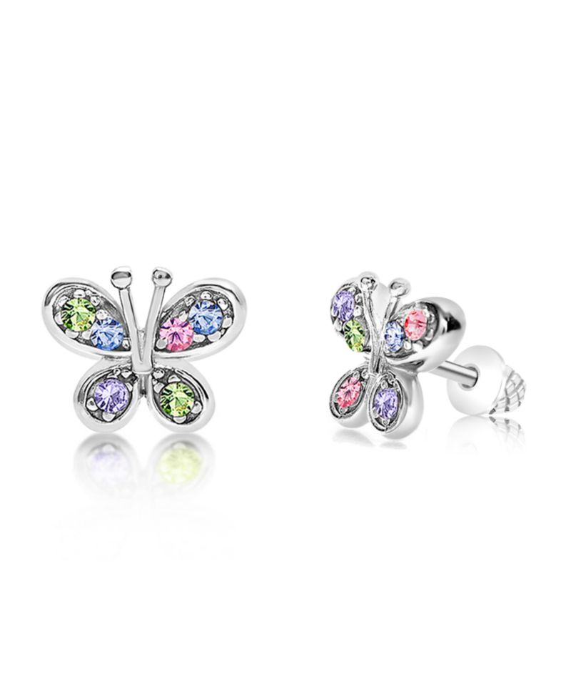 Girls Butterfly Mulit-color Crystal White Gold Rhodium Plated Screwstud Earring