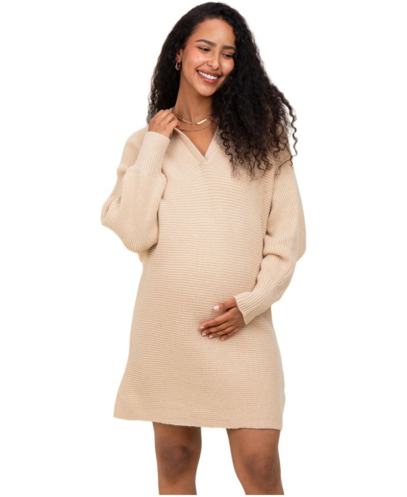 Women's Taupe Chunky Knit Collared Sweater Dress