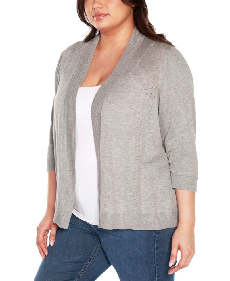 Plus Size Pointelle 3/4-Sleeve Open-Front Blend Cardigan