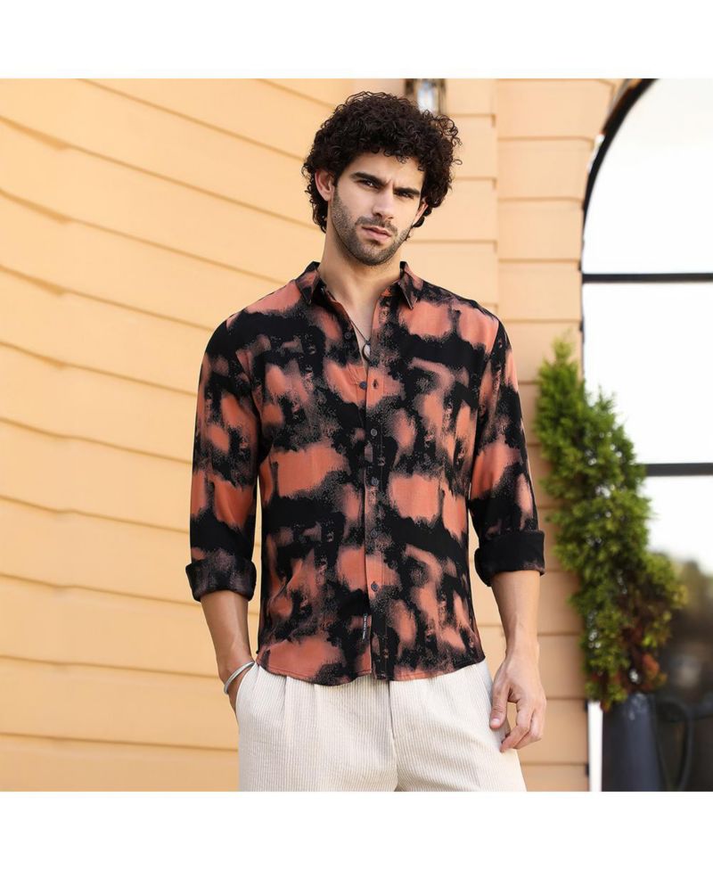 Men's Obsidian Black & Sienna Brown Smudged-Block Regular Shirt