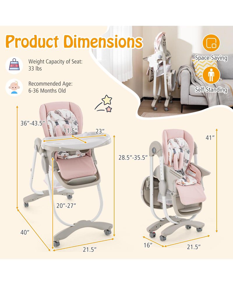 Kids Multifunctional Folding High Chair with Rolling Wheels and Adjustable Height