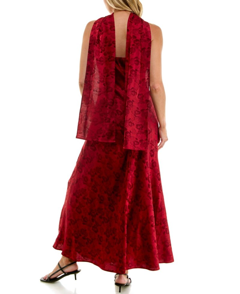 Juniors' Sleeveless Floral Slim Jacquard-Satin Maxi Dress with Matching Scarf