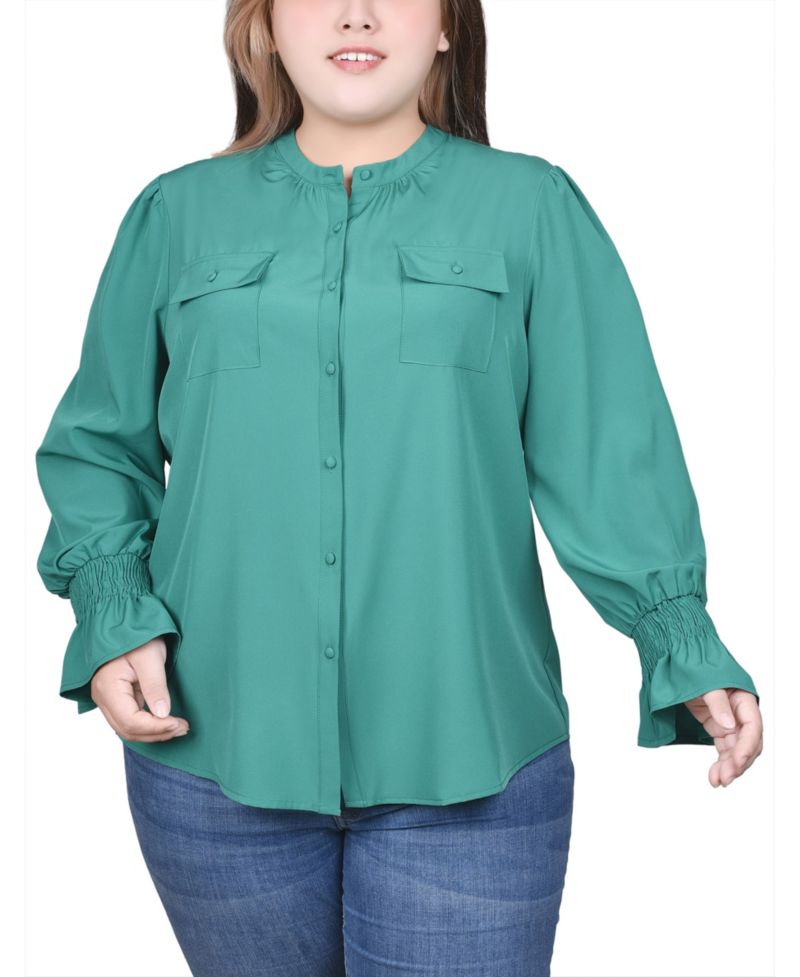 Plus Size Long Sleeve Mandarin Collar Blouse