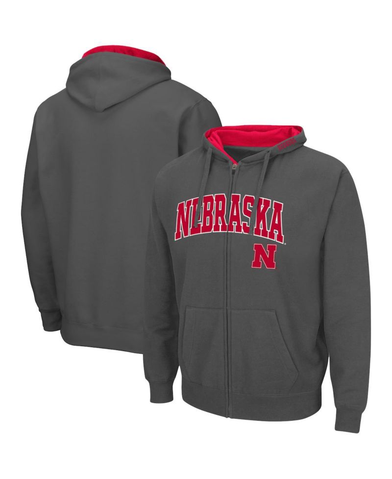 Men's Charcoal Nebraska Huskers Arch and Logo 3.0 Full-Zip Hoodie