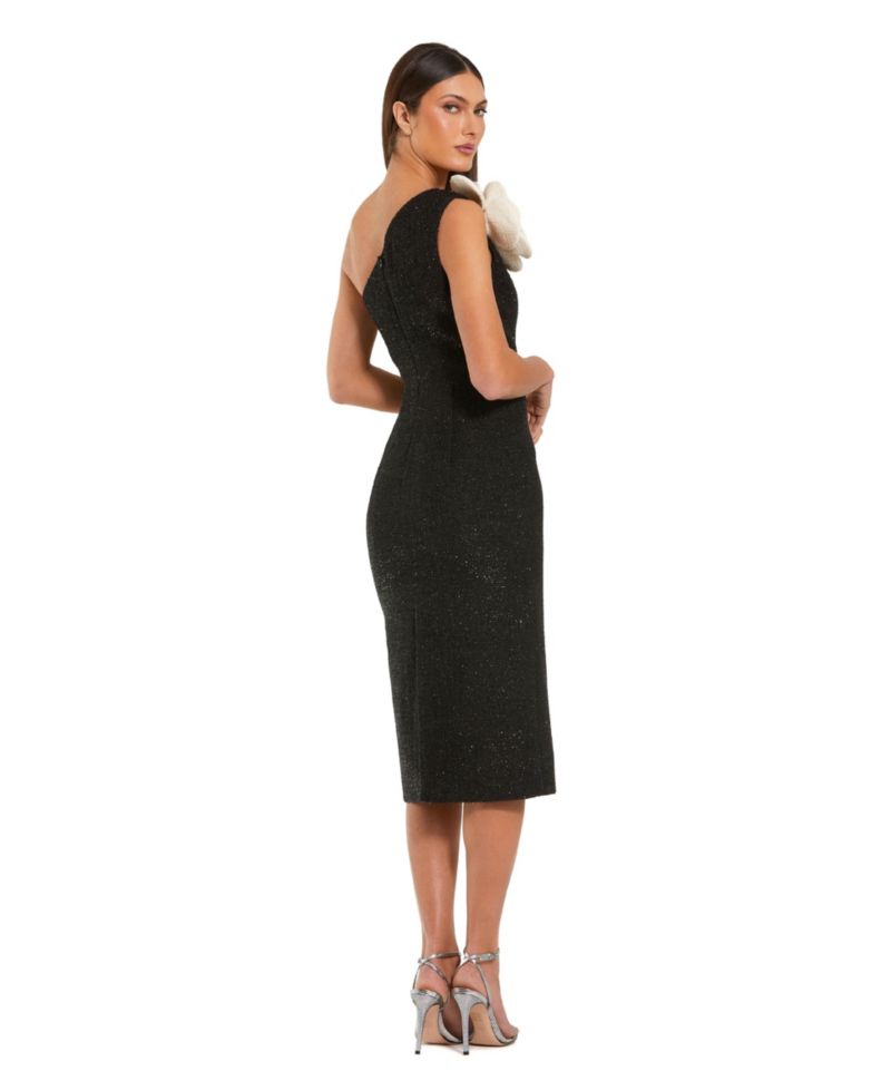 Women's One Shoulder Boucle Midi Dress With 3D Flower