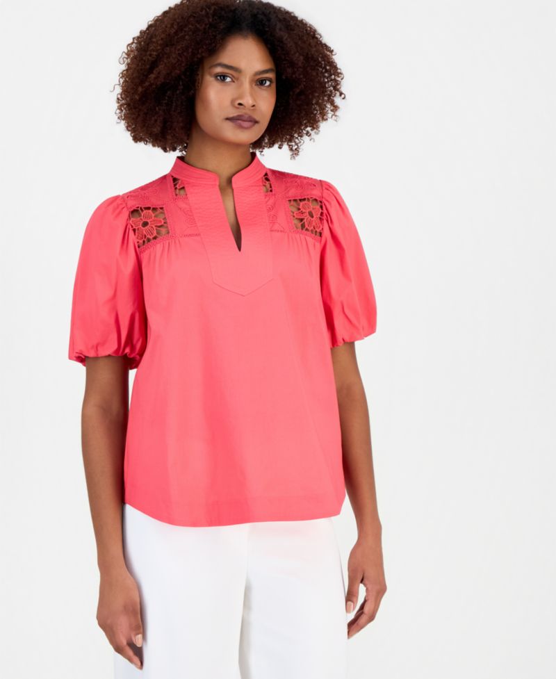 Women's Split-Neck Lace-Yoke Puff-Sleeve Top