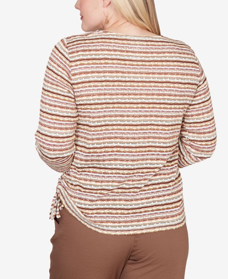 Petite Crewneck Spice Market Spliced Textured Stripe Ruched-Tie Top