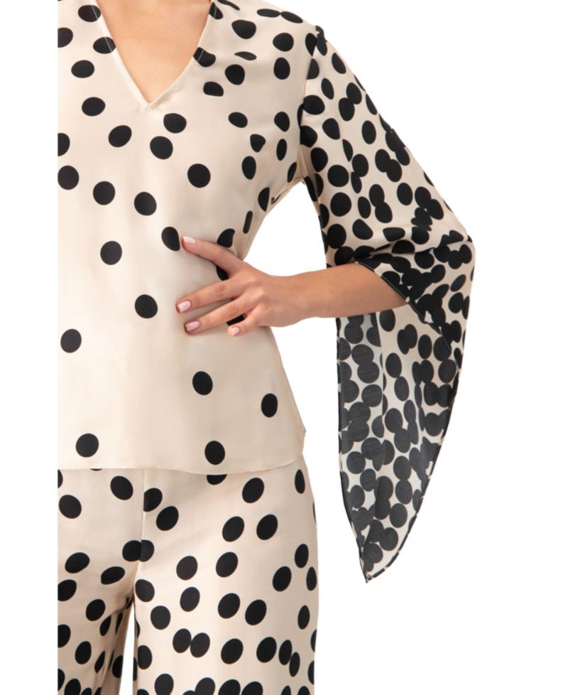 Women's Polka Dot V-Neck Blouse with Wide Sleeves
